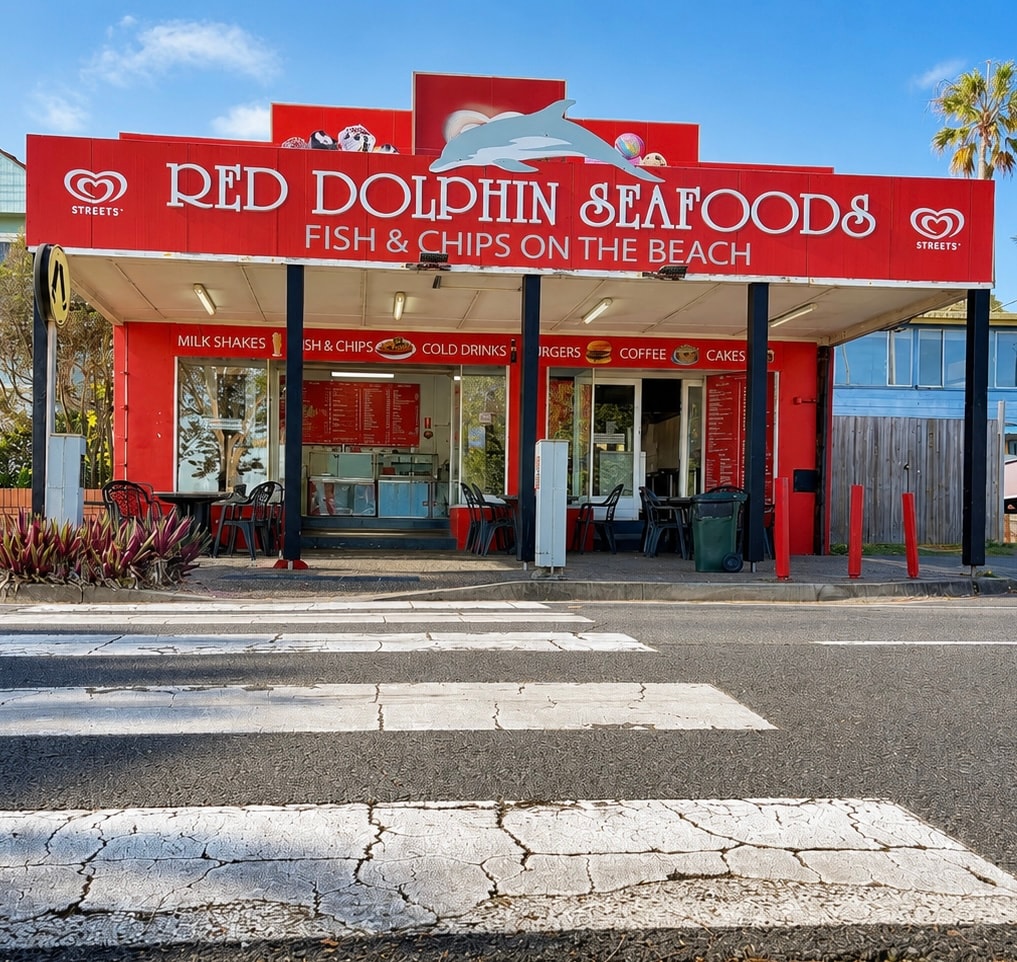 Red Dolphin Seafoods bright red shopfront
