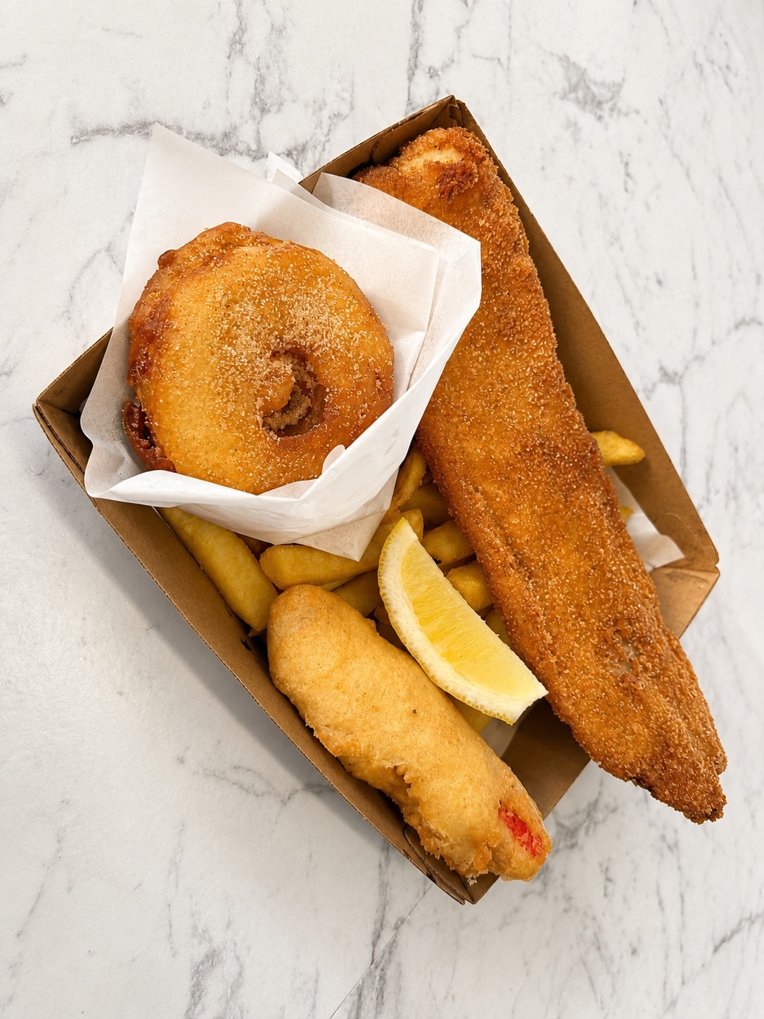 Fish and fritter pack portrait